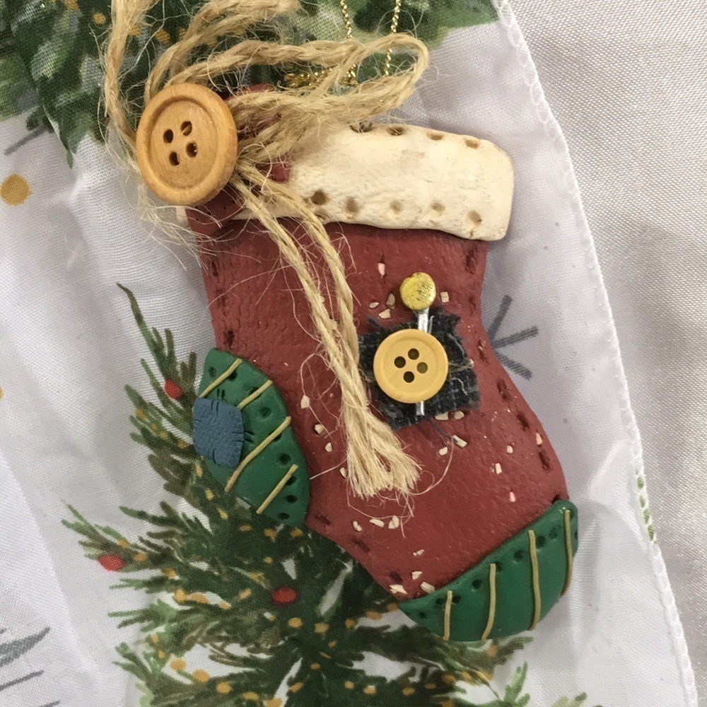 Handmade Rustic Christmas Stocking Ornament Buttons Twine Primitive 3.5”